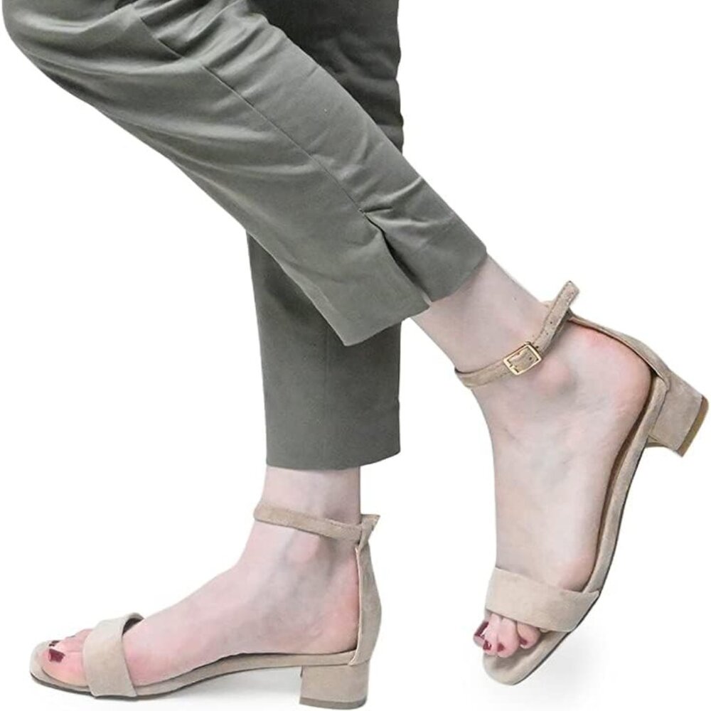 XYD Heels for Women, Open Toe, Ankle Strap, Buckled Low Chunky Block Pumps for W